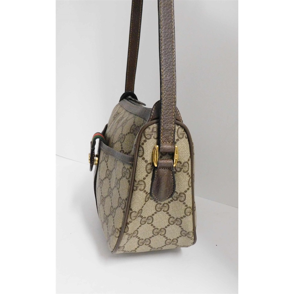Gucci Vintage Brown GG‎ Monogram Red Green Stripe Small Satchel Bag Italy - Picture 3 of 9